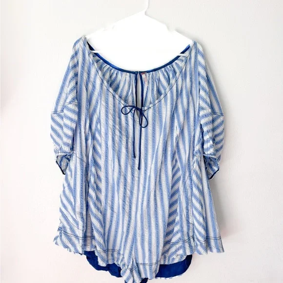 Free People Bop Around Romper Blue and White Striped - Picture 2 of 6